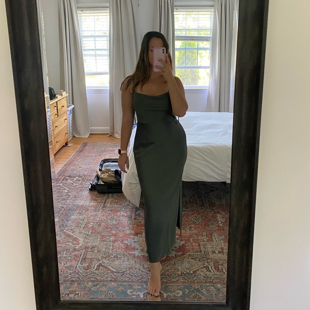 BHLDN Cali Satin Cowl-Neck Midi Slip Dress Size 8 Olive Green/Forrest - Picture 2 of 4